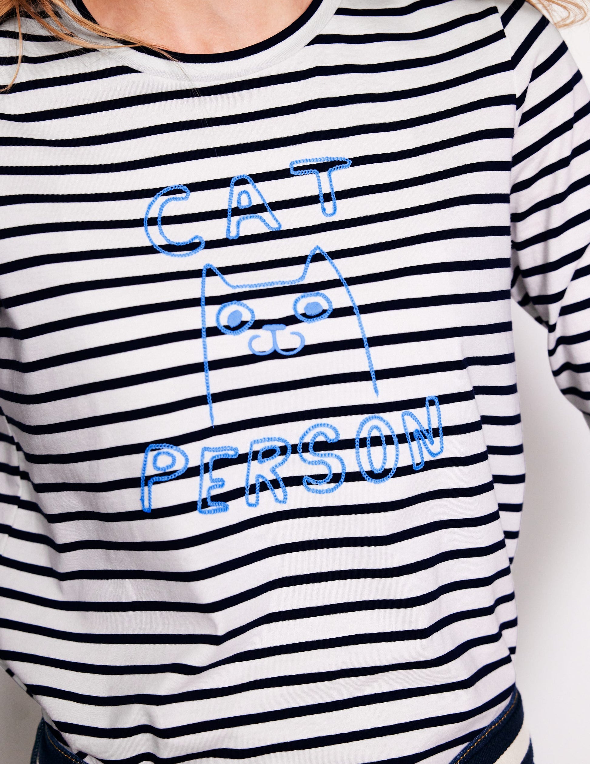 Embroidered Regular T-Shirt-Ivory, Navy, Cat Person-2