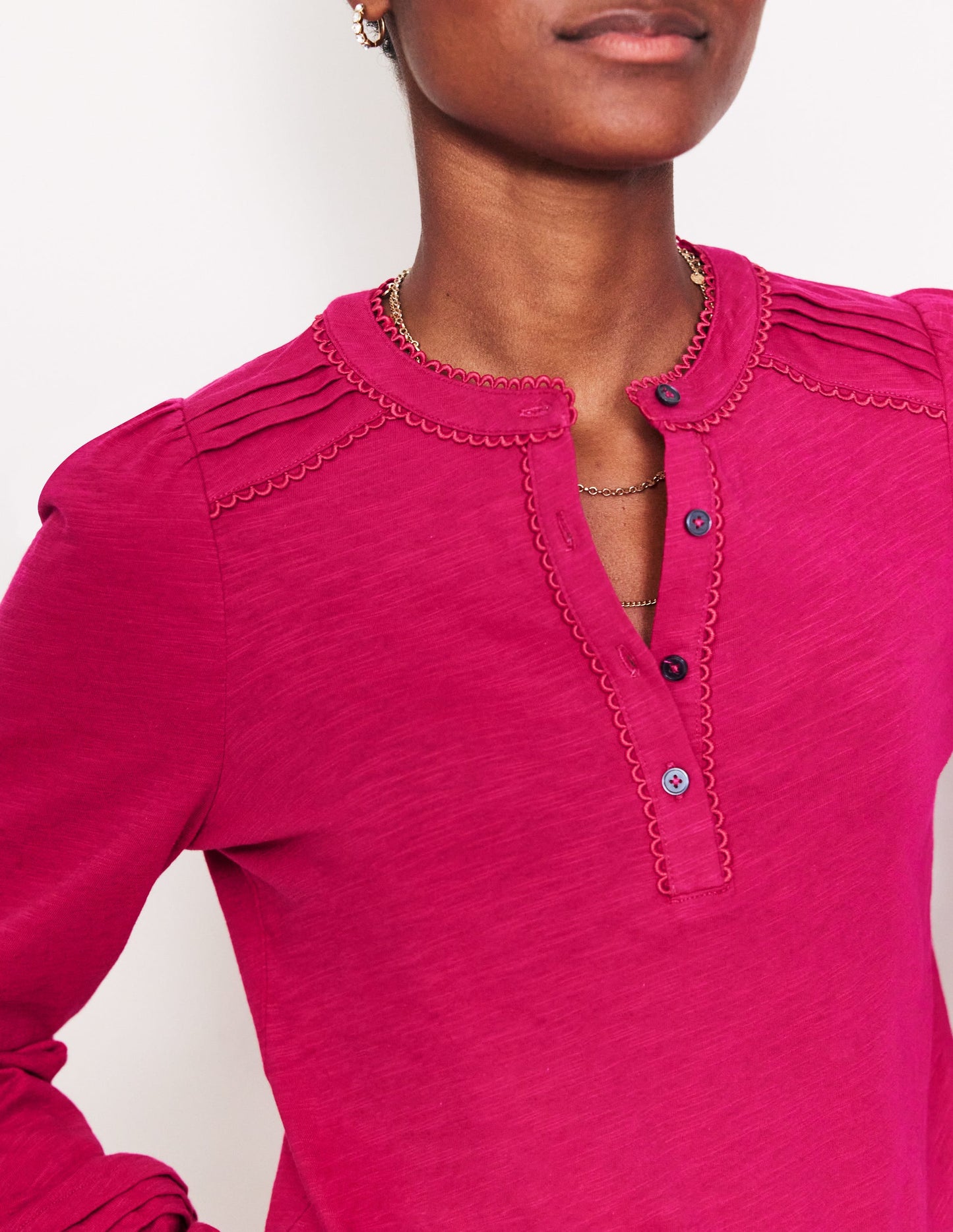 Henrietta Pintuck Henley Top-Cherry Jam