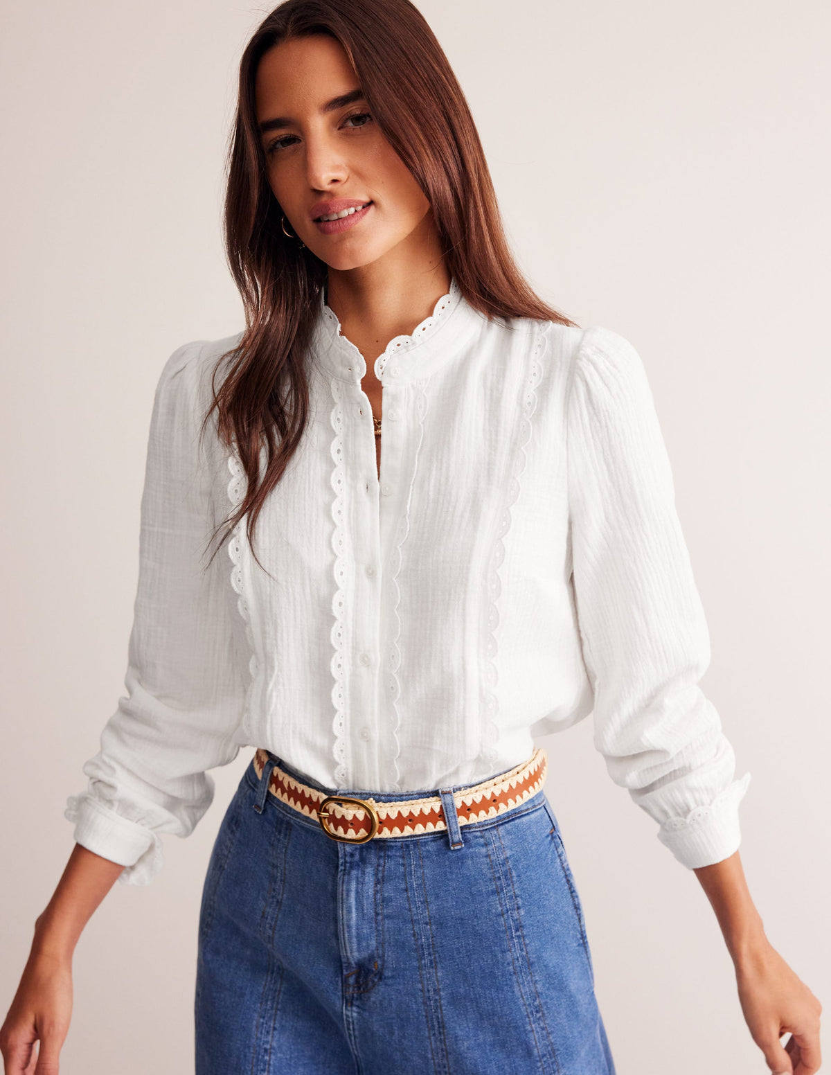 Double Cloth Scallop Blouse-White-1