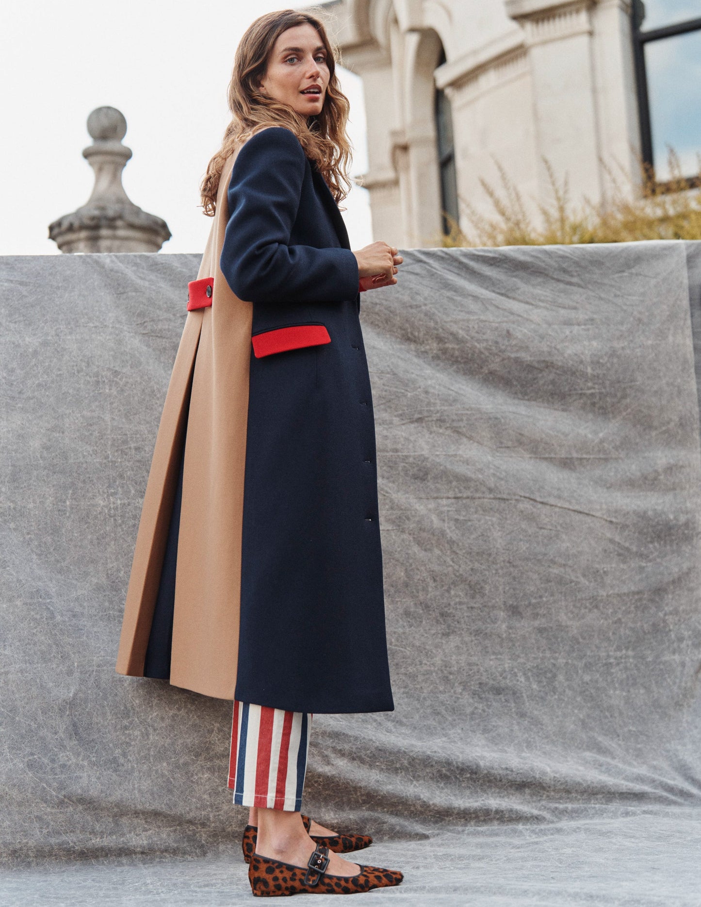 Colorblock Midi Coat-Navy, Multi