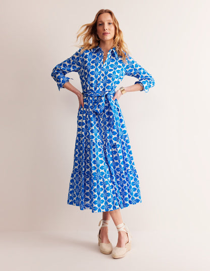 Flo Cotton Midi Shirt Dress-Indigo Bunting, Floral Tile