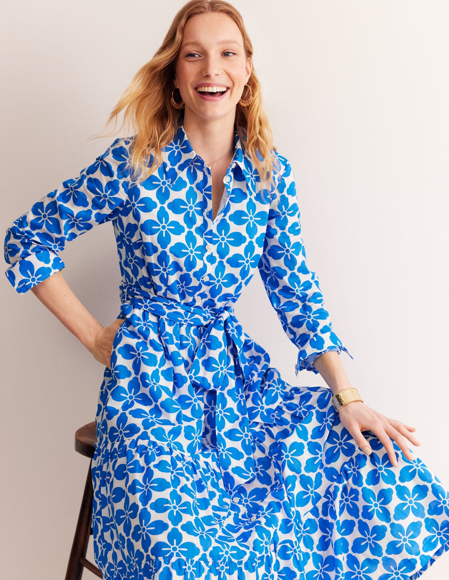 Flo Cotton Midi Shirt Dress-Indigo Bunting, Floral Tile