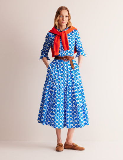 Flo Cotton Midi Shirt Dress-Indigo Bunting, Floral Tile