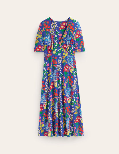 Rebecca Jersey Midi Tea Dress-Blue, Wildflower Cluster