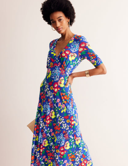 Rebecca Jersey Midi Tea Dress-Blue, Wildflower Cluster