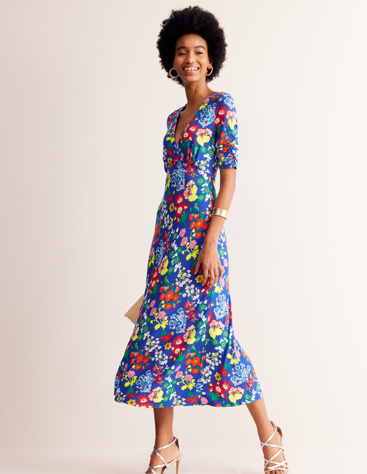 Rebecca Jersey Midi Tea Dress-Blue, Wildflower Cluster