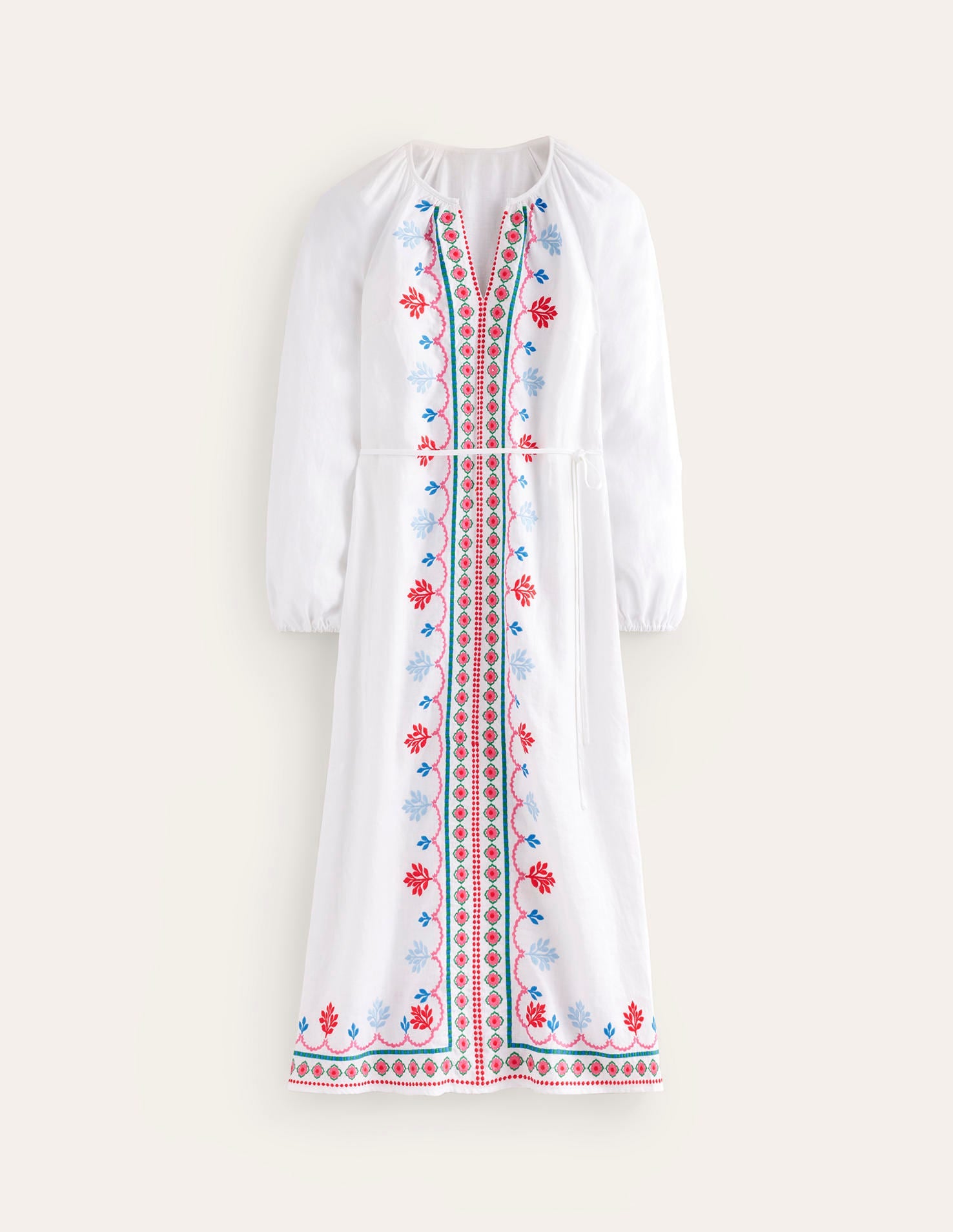 Embroidered Belted Linen Dress-White, Multi-6