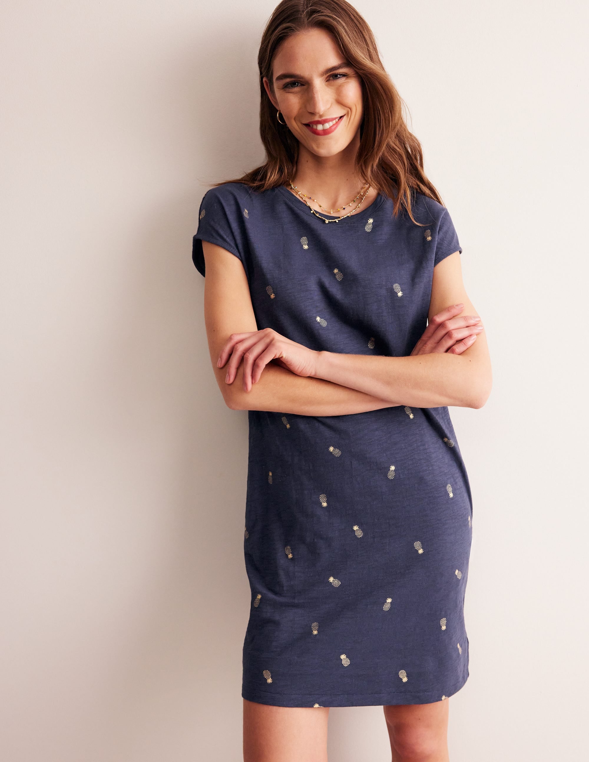 Leah Jersey T-shirt Dress-French Navy, Pineapple Foil - Image 1