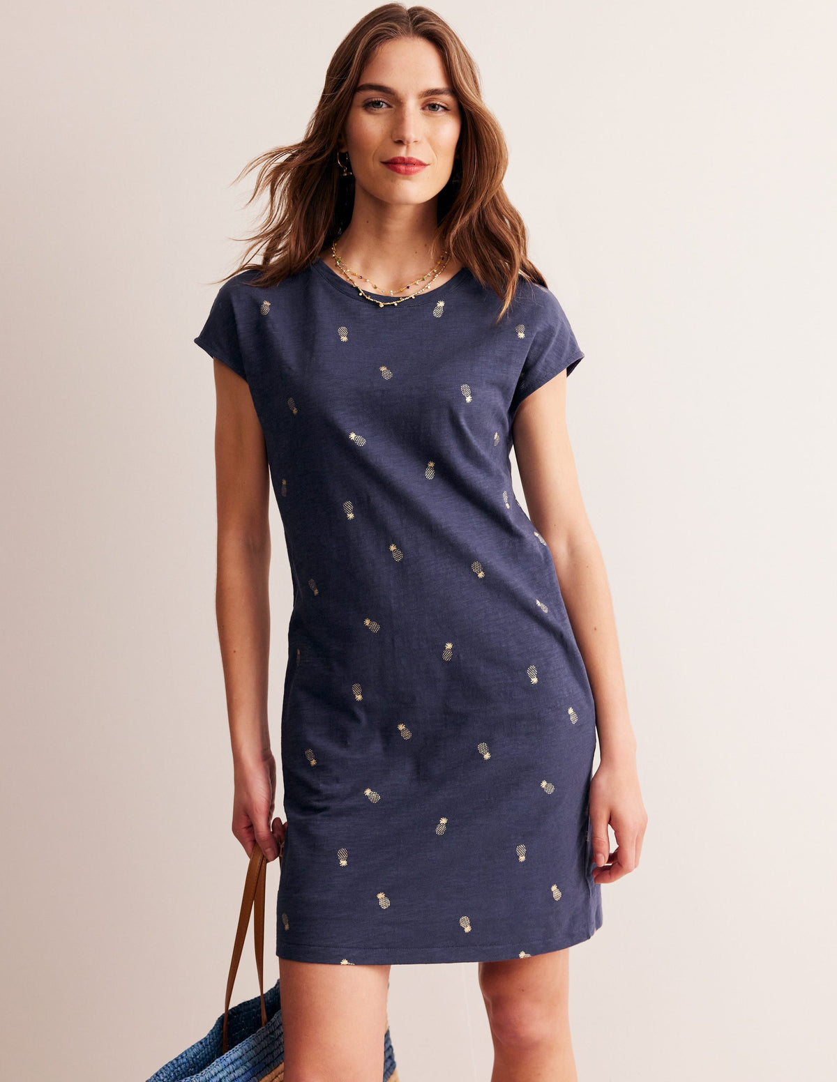 Leah Jersey T-shirt Dress-French Navy, Pineapple Foil - Image 4