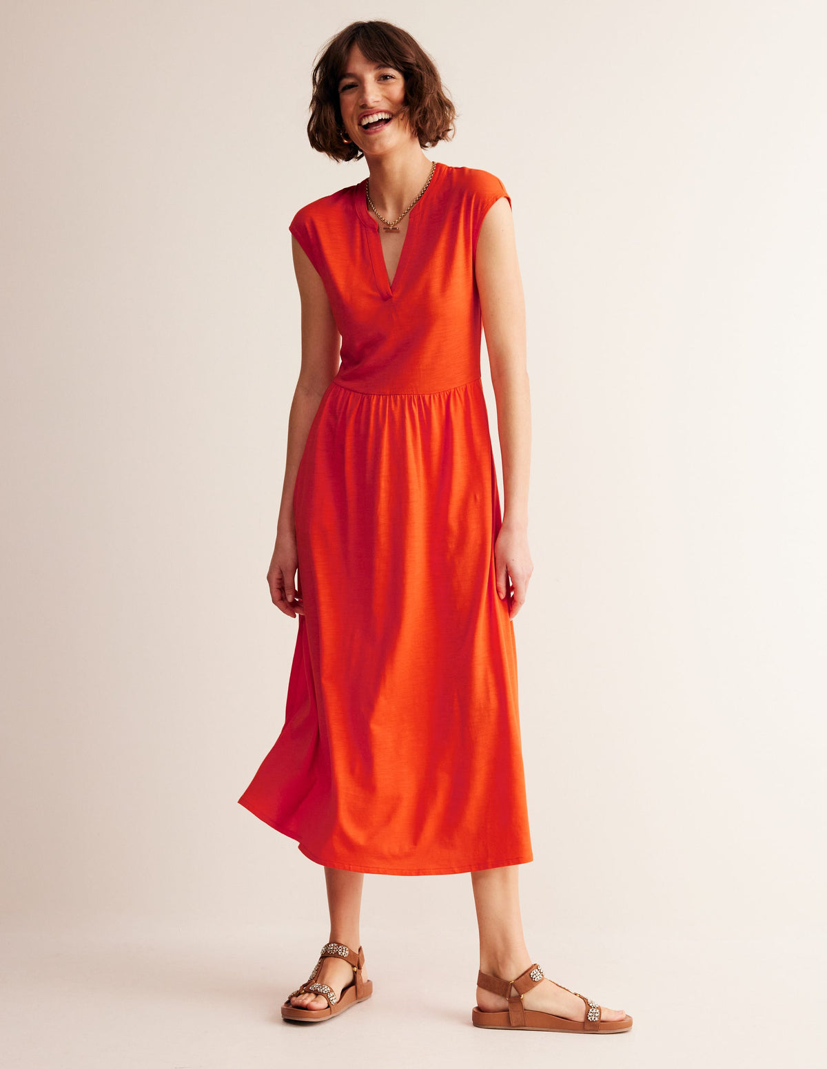 Chloe Notch Jersey Midi Dress-Mandarin Orange-2
