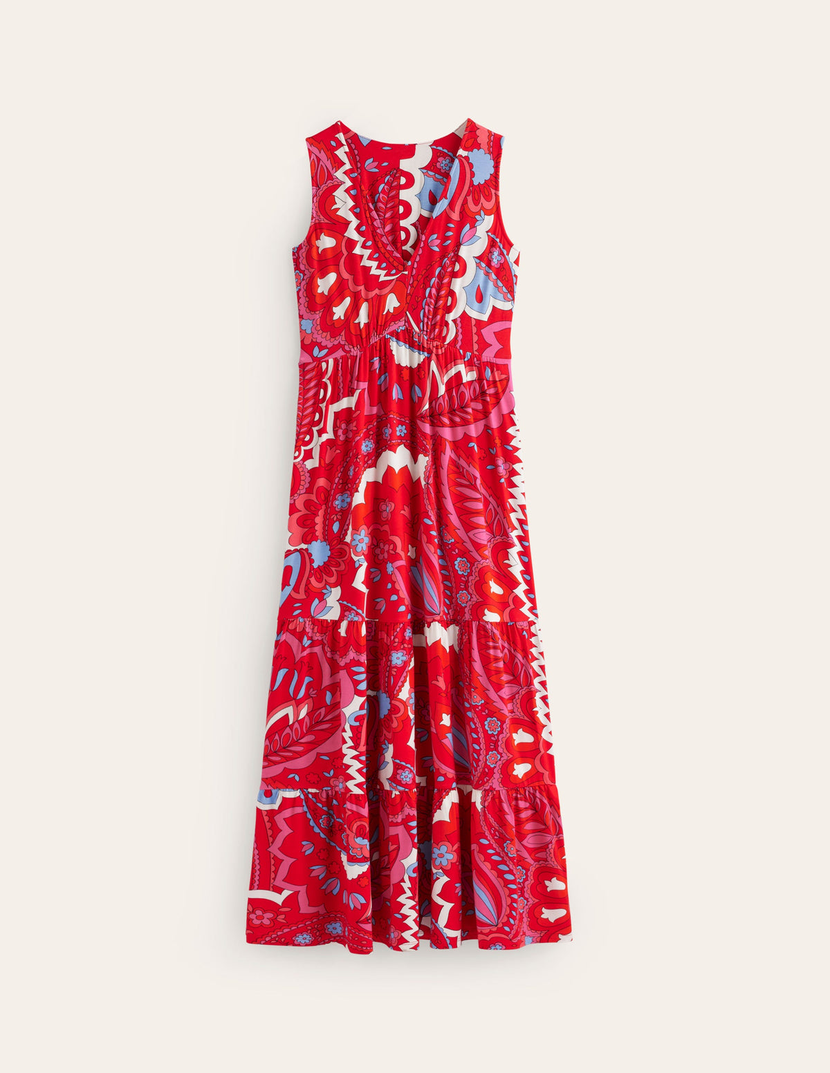 Sylvia Jersey Maxi Tier Dress-Flame Scarlet, Foliage Paisley-5