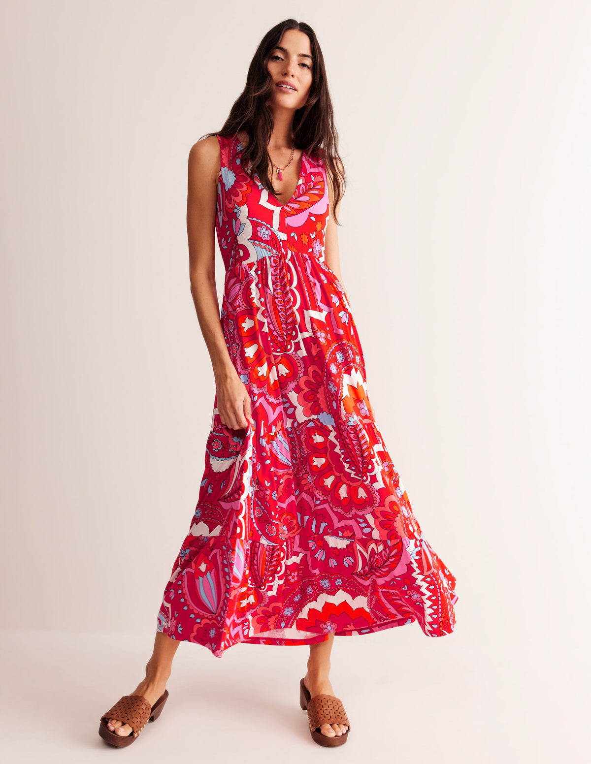 Sylvia Jersey Maxi Tier Dress-Flame Scarlet, Foliage Paisley-1