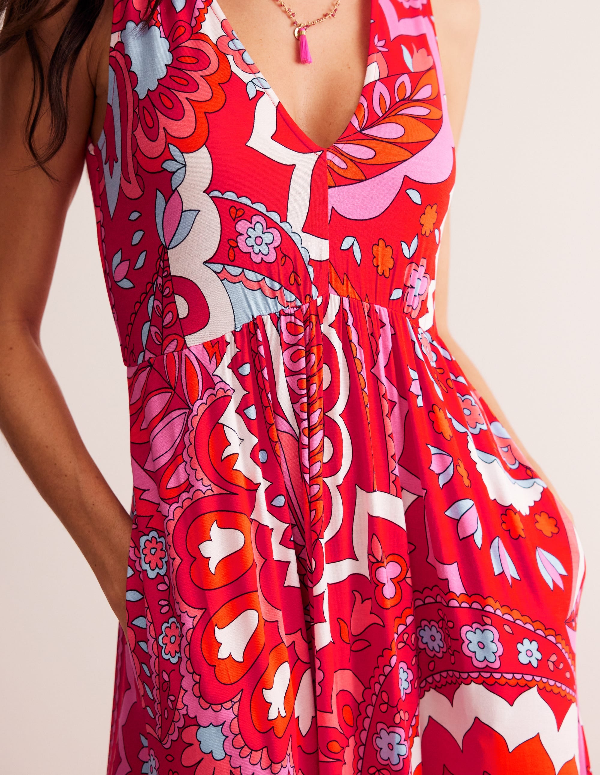 Sylvia Jersey Maxi Tier Dress-Flame Scarlet, Foliage Paisley - Image 2