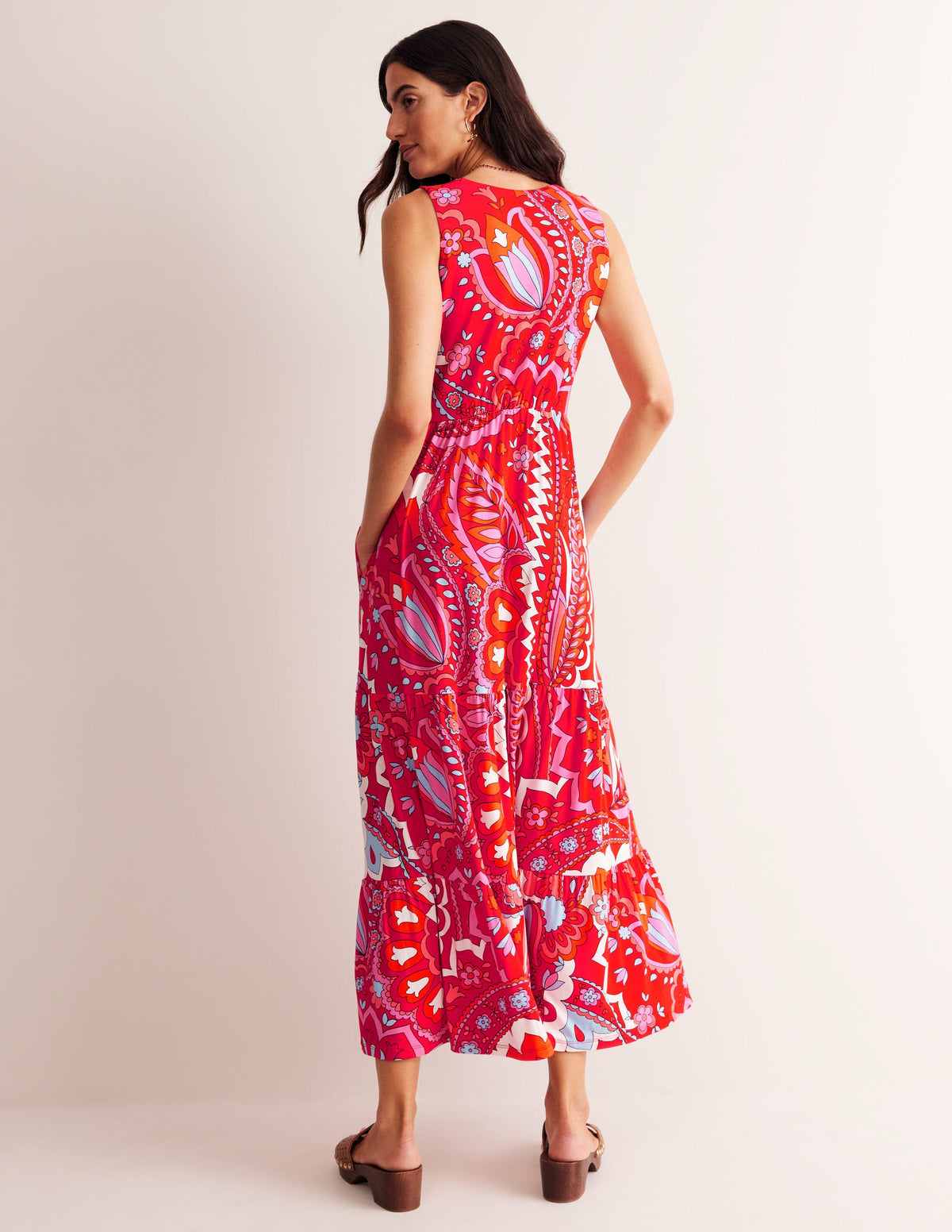 Sylvia Jersey Maxi Tier Dress-Flame Scarlet, Foliage Paisley-3