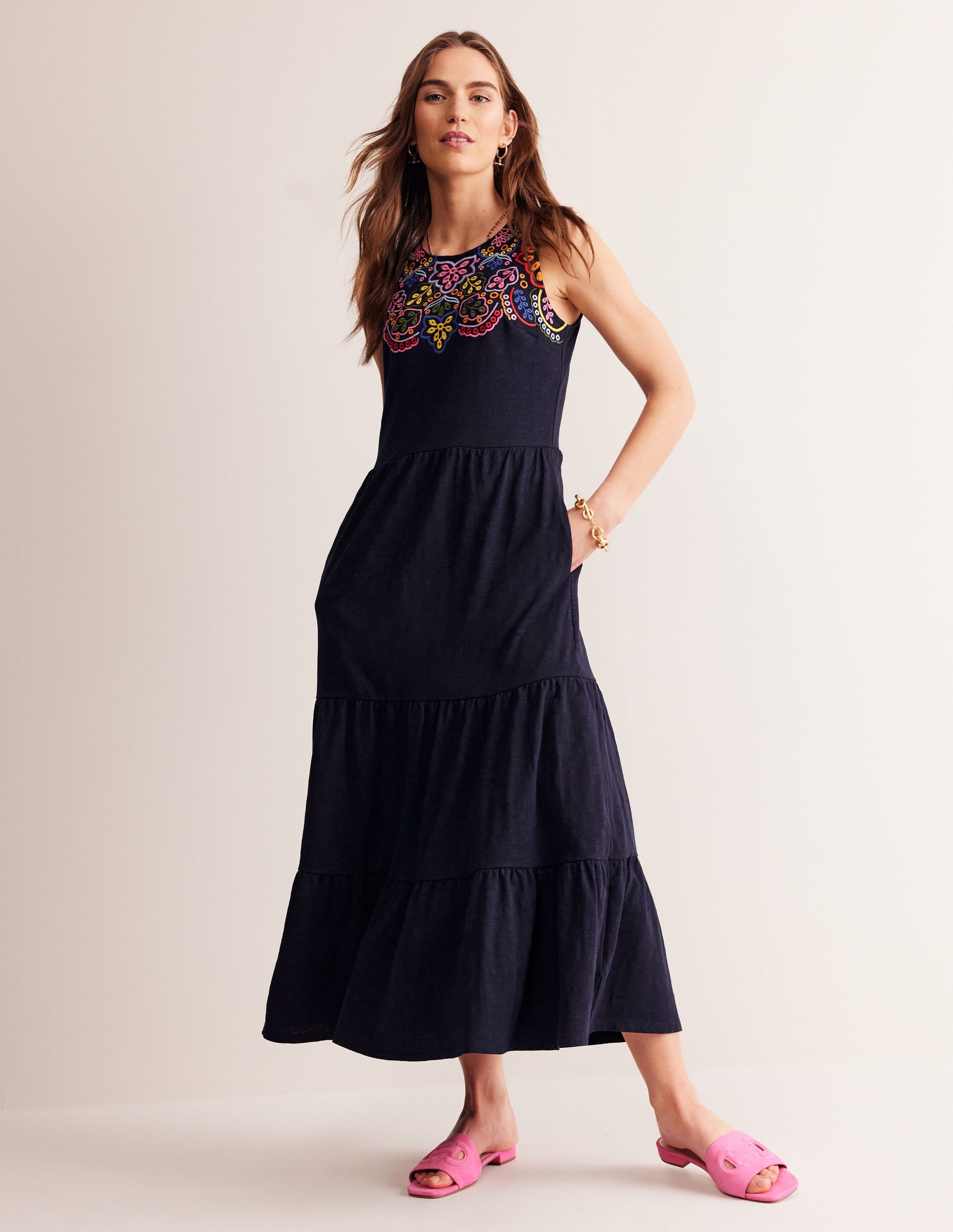 Embroidered Jersey Midi Dress-Navy - Image 1
