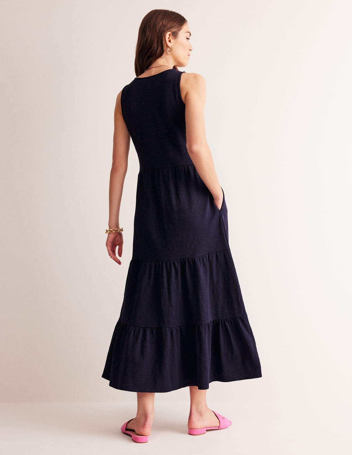 Embroidered Jersey Midi Dress-Navy - Image 3