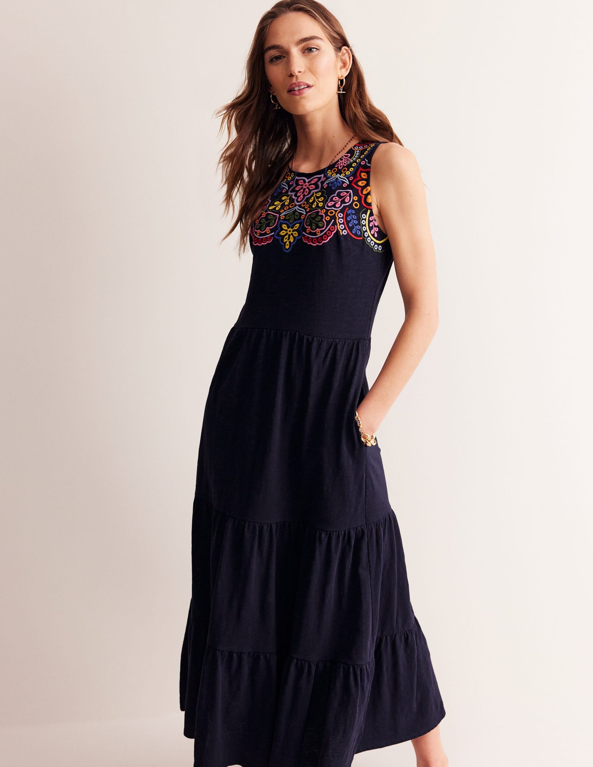Embroidered Jersey Midi Dress-Navy-4