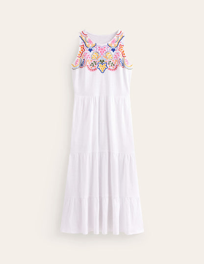 Embroidered Jersey Midi Dress-White