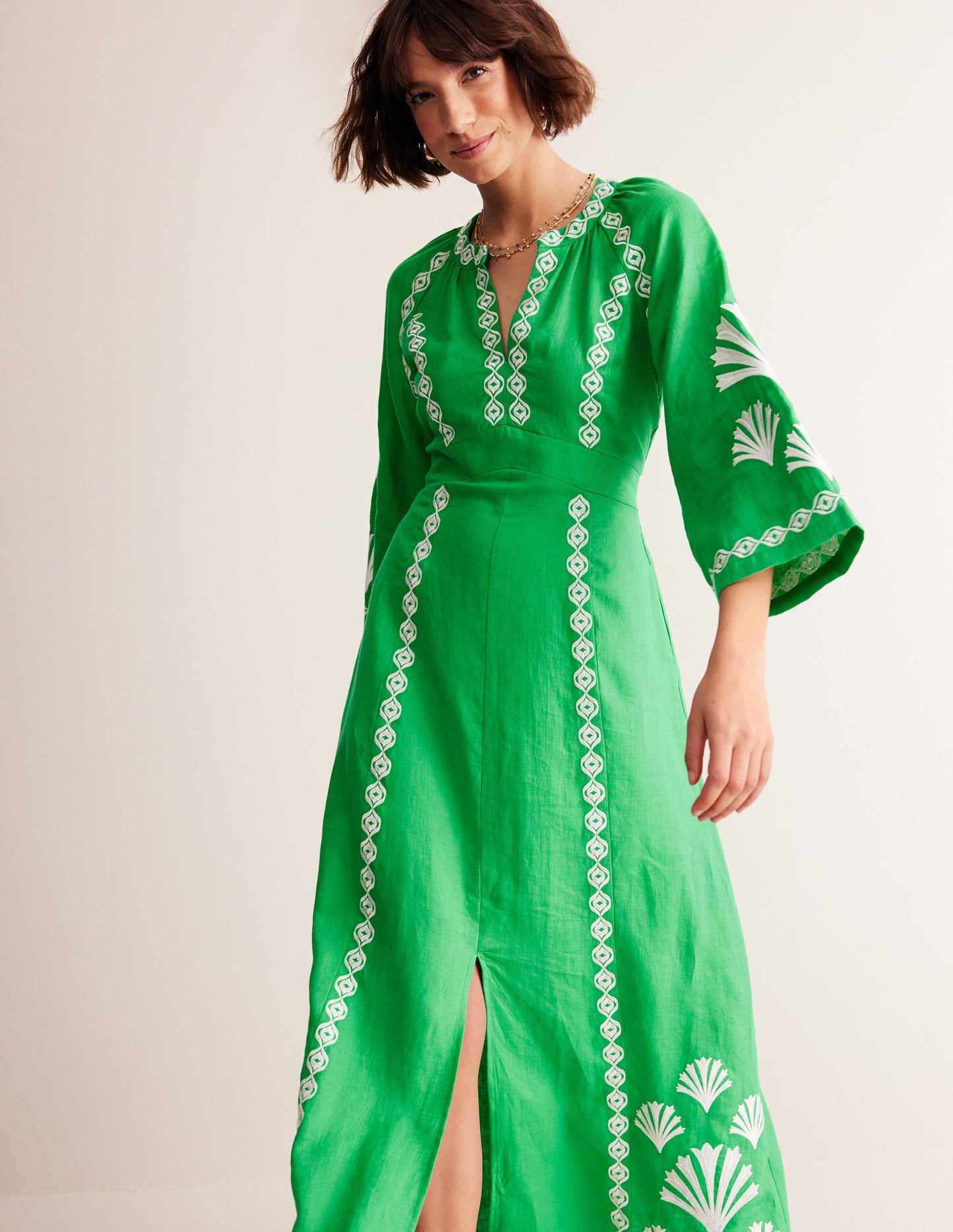 Una Linen Embroidered Dress-Bright Green