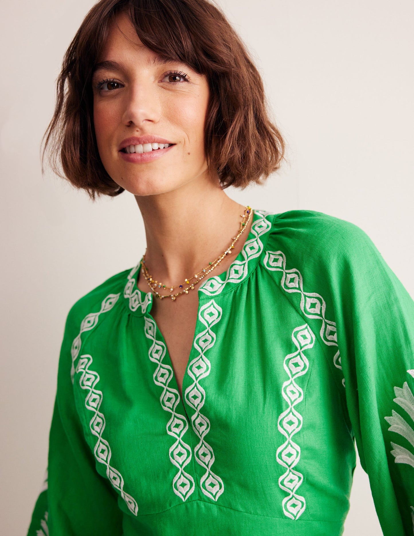 Una Linen Embroidered Dress-Bright Green