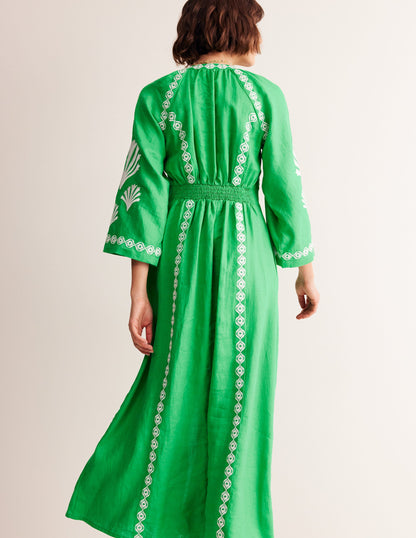 Una Linen Embroidered Dress-Bright Green