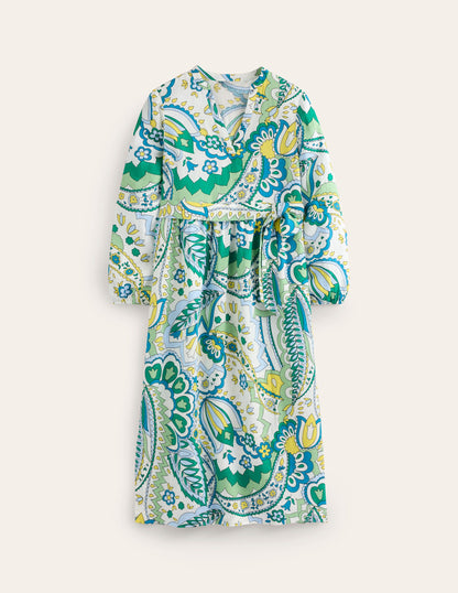 Linen Maxi Notch Neck Dress-Emerald, Foliage Paisley