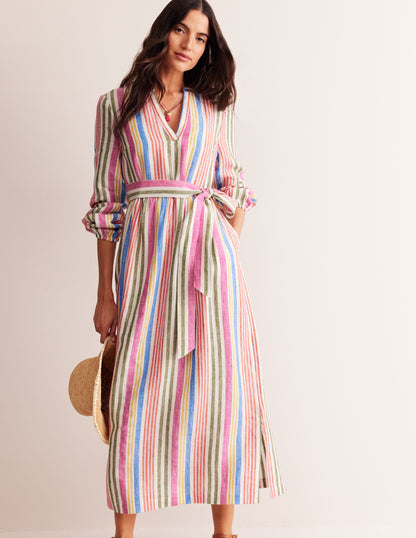 Linen Maxi Notch Neck Dress-Pop Pansy, Multistripe