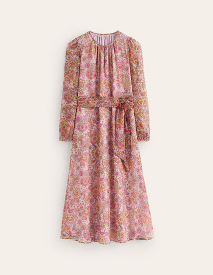 Silk Midi Blouson Sleeve Dress-Milkshake, Paisley Field