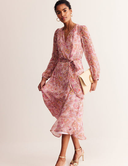 Silk Midi Blouson Sleeve Dress-Milkshake, Paisley Field