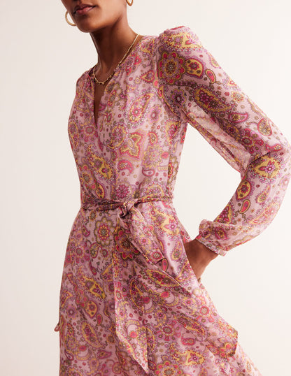 Silk Midi Blouson Sleeve Dress-Milkshake, Paisley Field