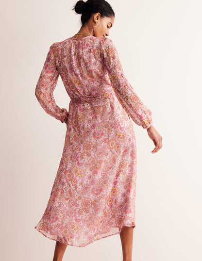 Silk Midi Blouson Sleeve Dress-Milkshake, Paisley Field