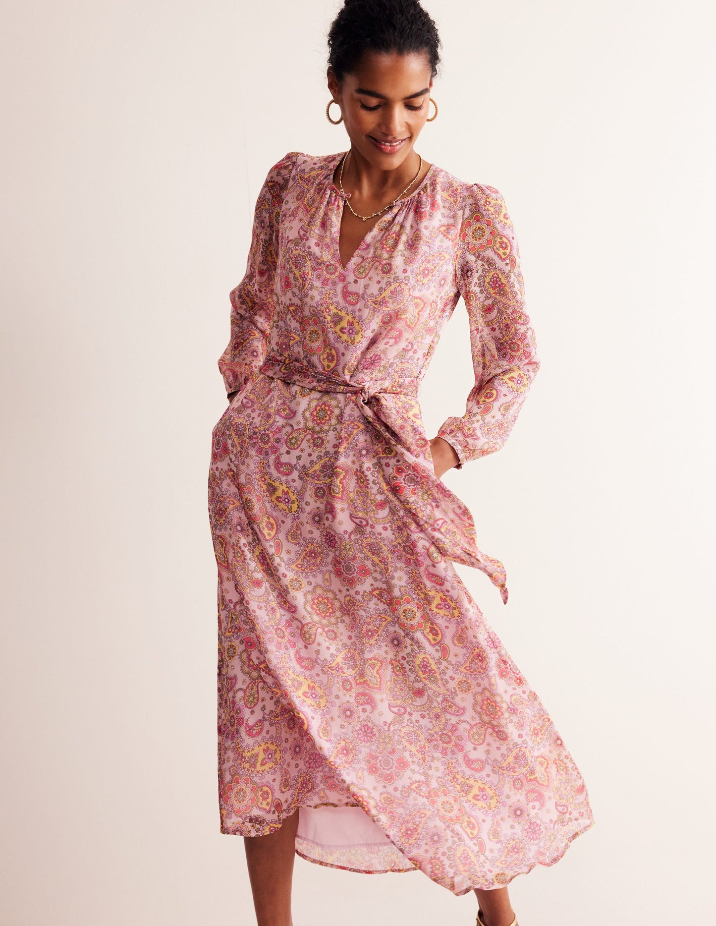 Silk Midi Blouson Sleeve Dress-Milkshake, Paisley Field