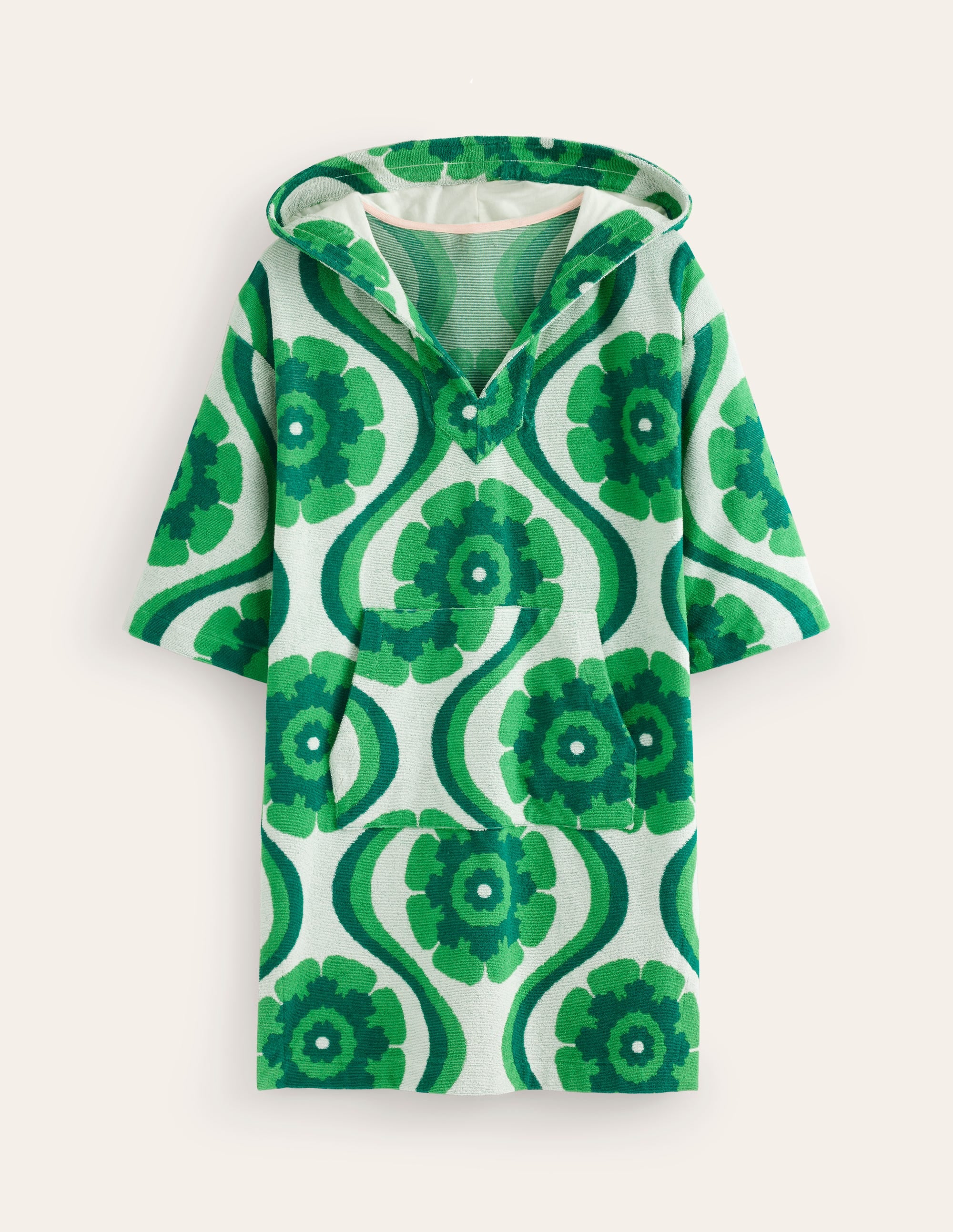 Hooded Towelling Short Kaftan-Stone Green, Geo Floret - Image 5