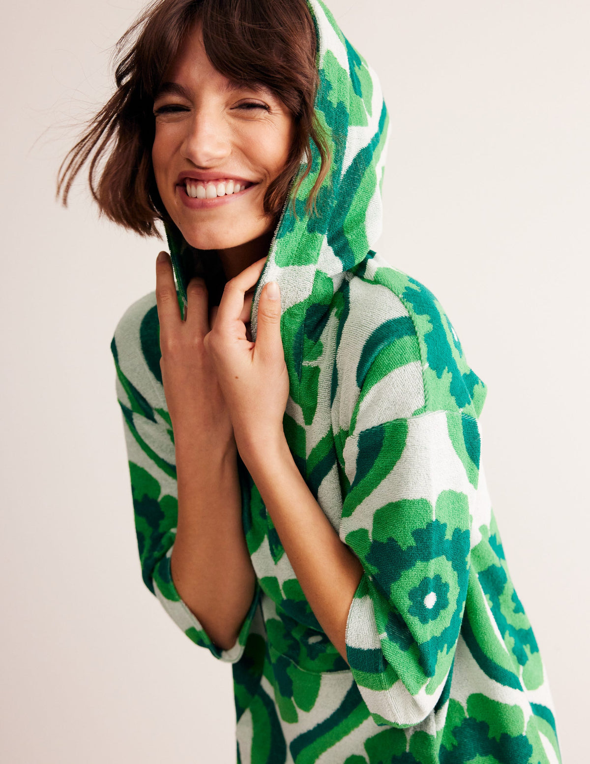 Hooded Towelling Short Kaftan-Stone Green, Geo Floret-1