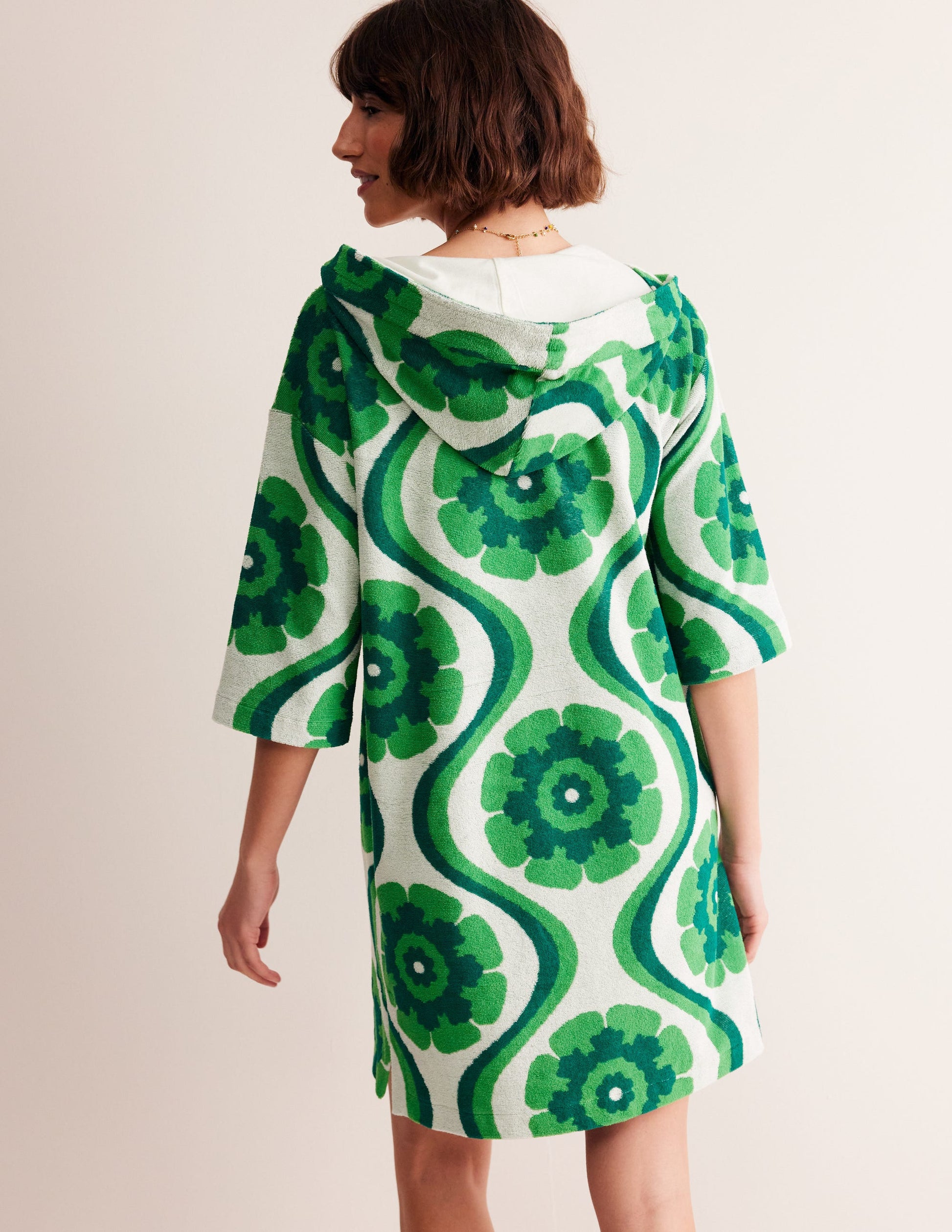 Hooded Towelling Short Kaftan-Stone Green, Geo Floret-3