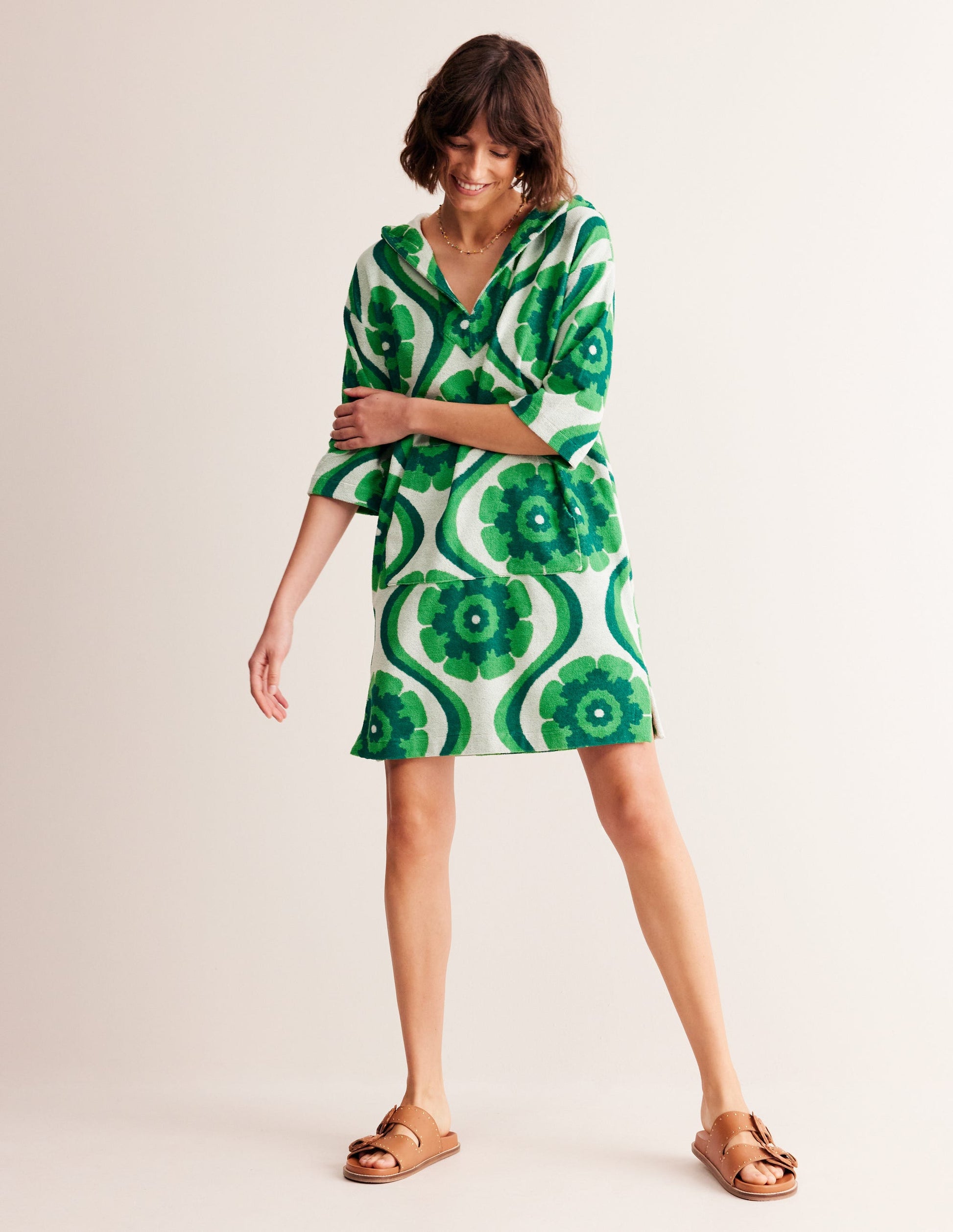 Hooded Towelling Short Kaftan-Stone Green, Geo Floret-4