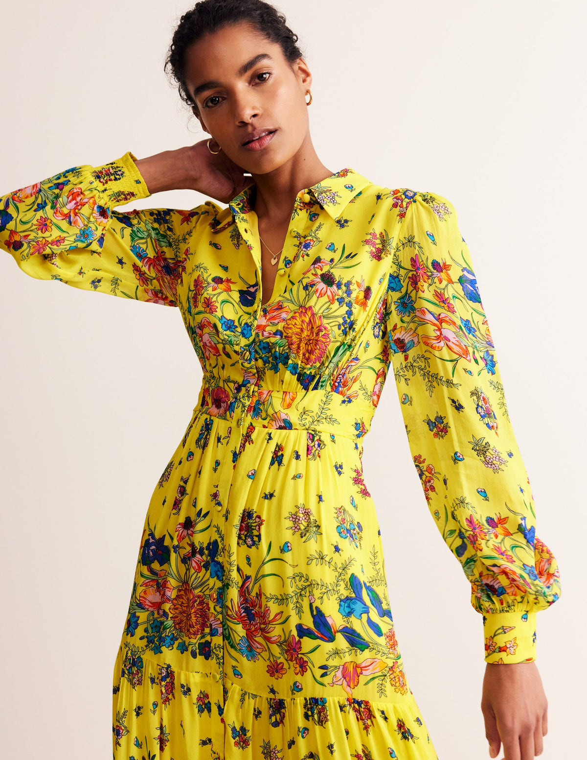 Occasion Maxi Shirt Dress-Vibrant Yellow, Gardenia Bloom - Image 1