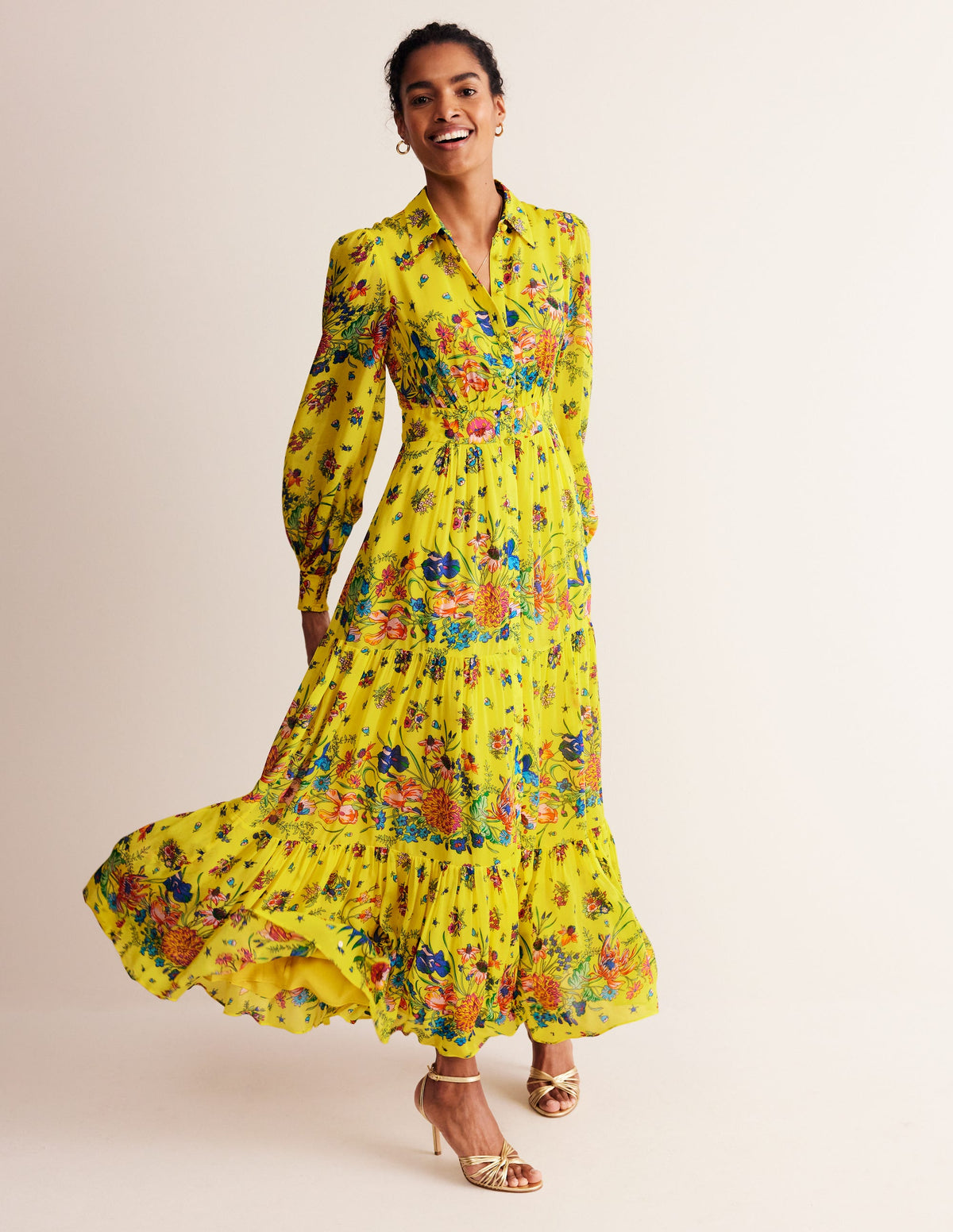 Occasion Maxi Shirt Dress-Vibrant Yellow, Gardenia Bloom-2