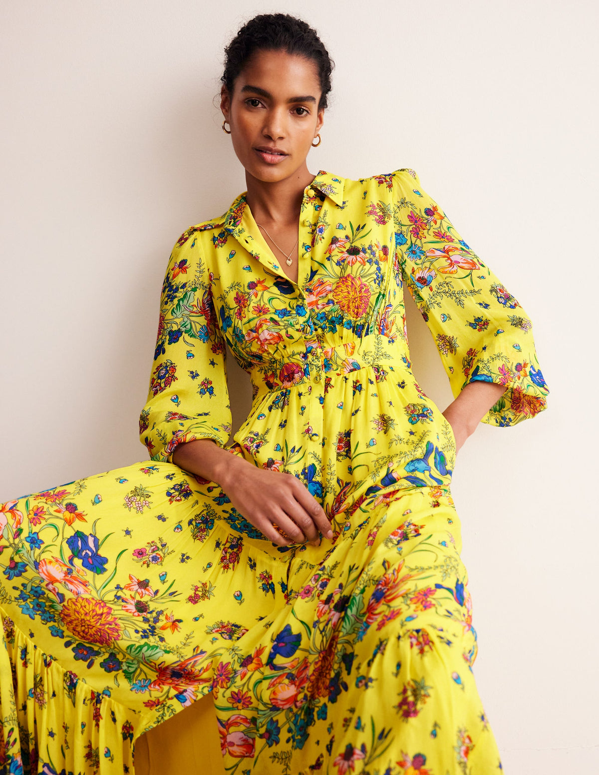 Occasion Maxi Shirt Dress-Vibrant Yellow, Gardenia Bloom-4