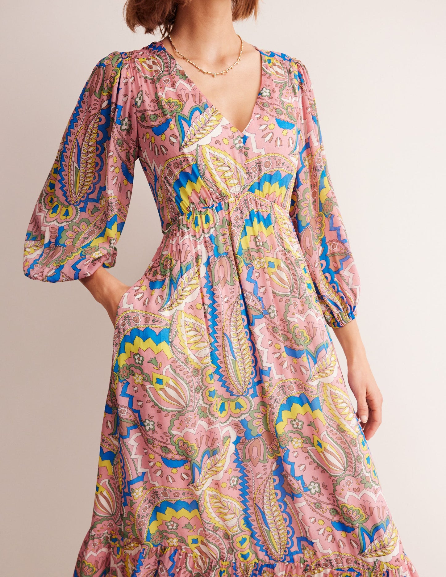 V Neck Puff Maxi Dress-Multi, Foliage Paisley