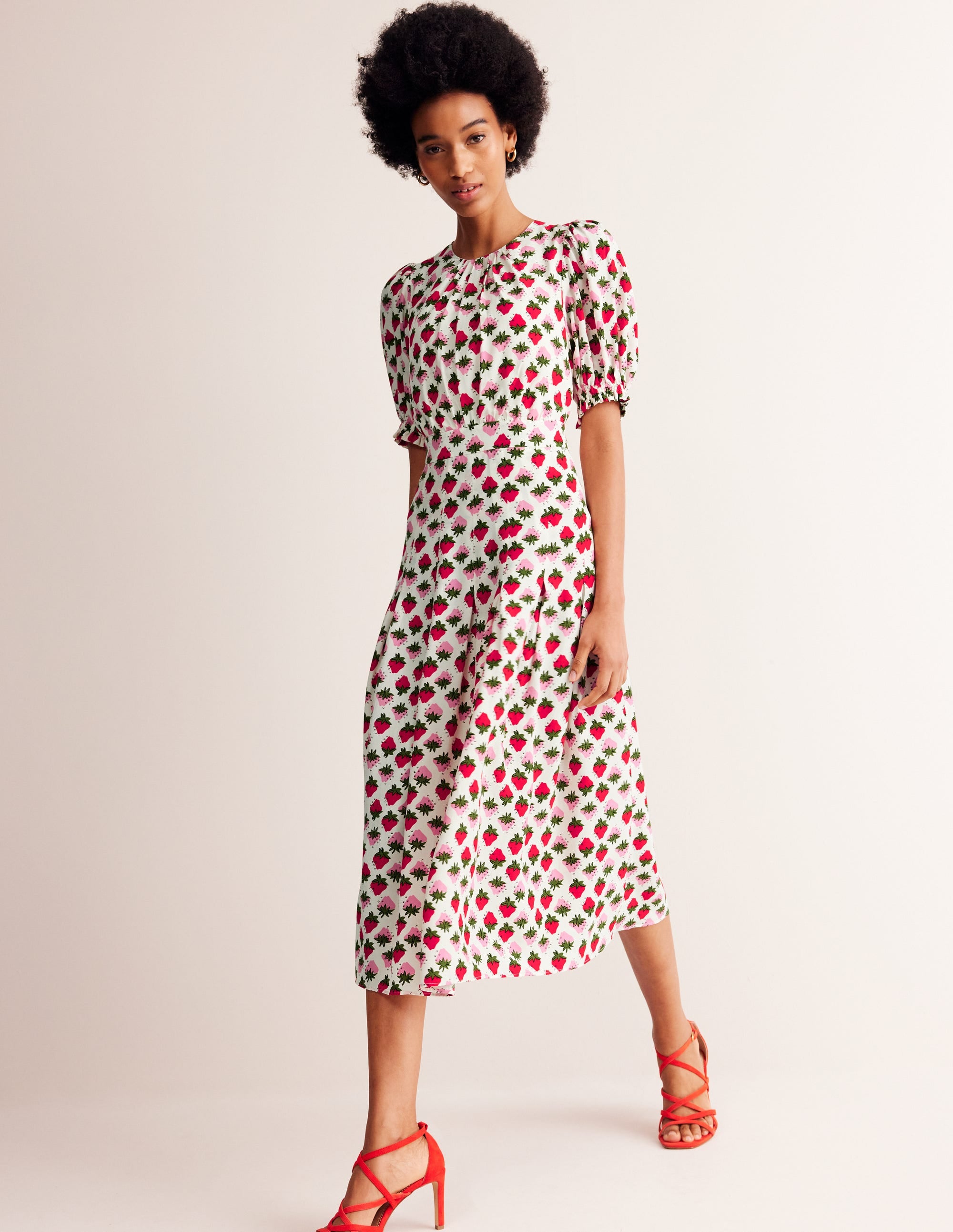 Liv Pleat Detail Midi Dress-Ivory, Strawberry Pop - Image 1
