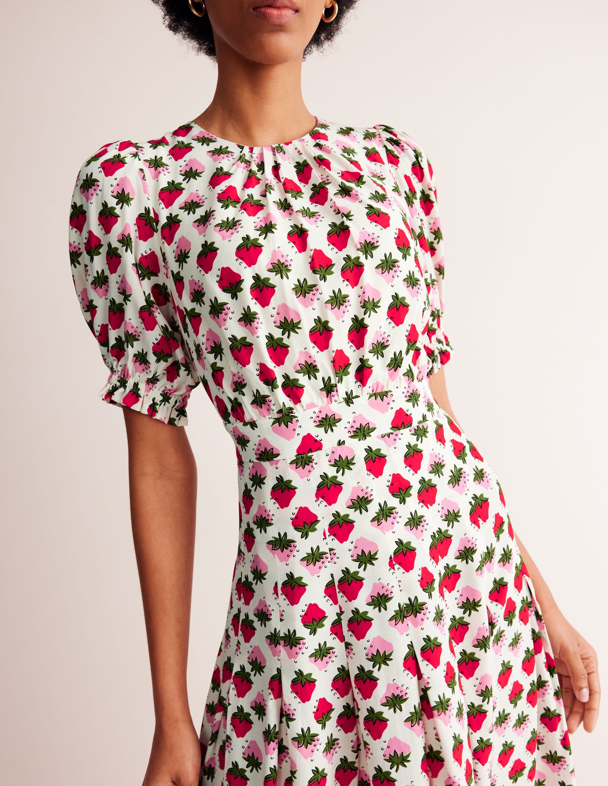 Liv Pleat Detail Midi Dress-Ivory, Strawberry Pop - Image 2