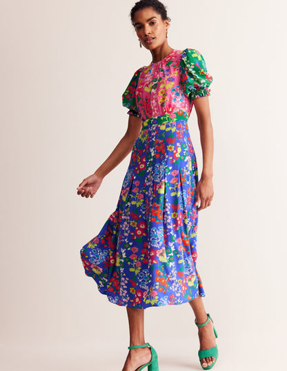 Liv Pleat Detail Midi Dress-Multi, Wildflower Cluster