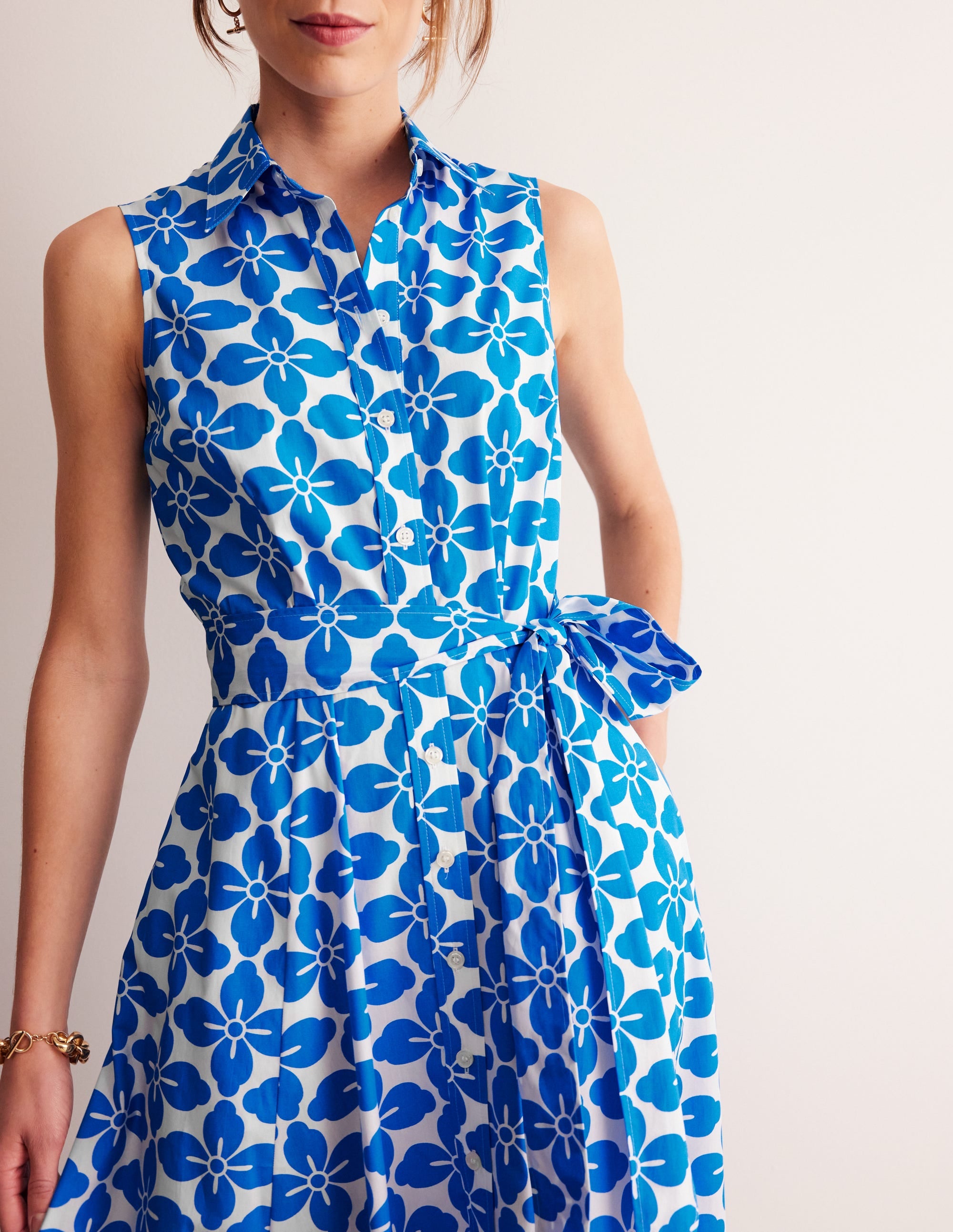 Amy Sleeveless Shirt Dress-Indigo Bunting, Floral Tile - Image 3