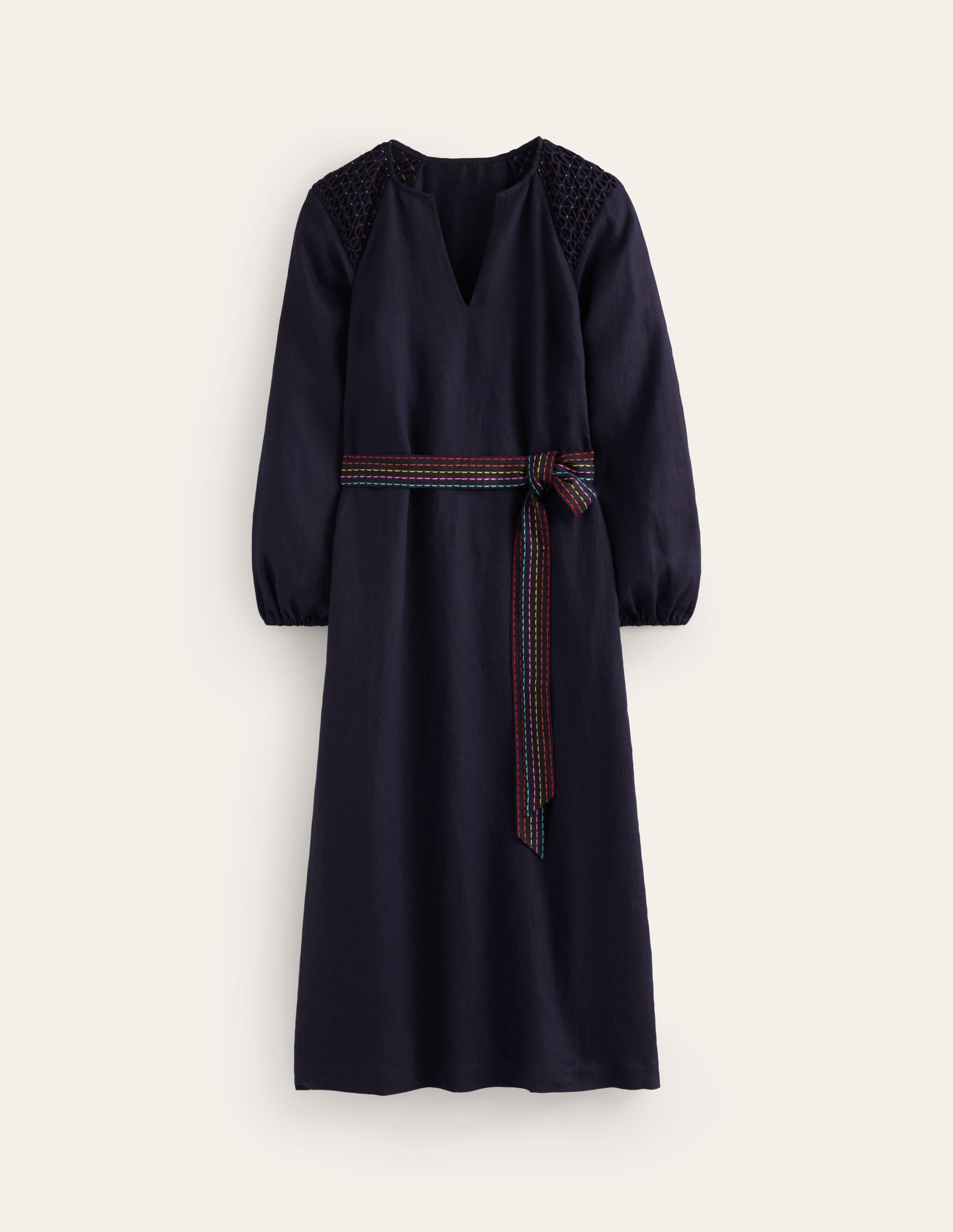 Linen Midi Smocked Dress-Navy - Image 5