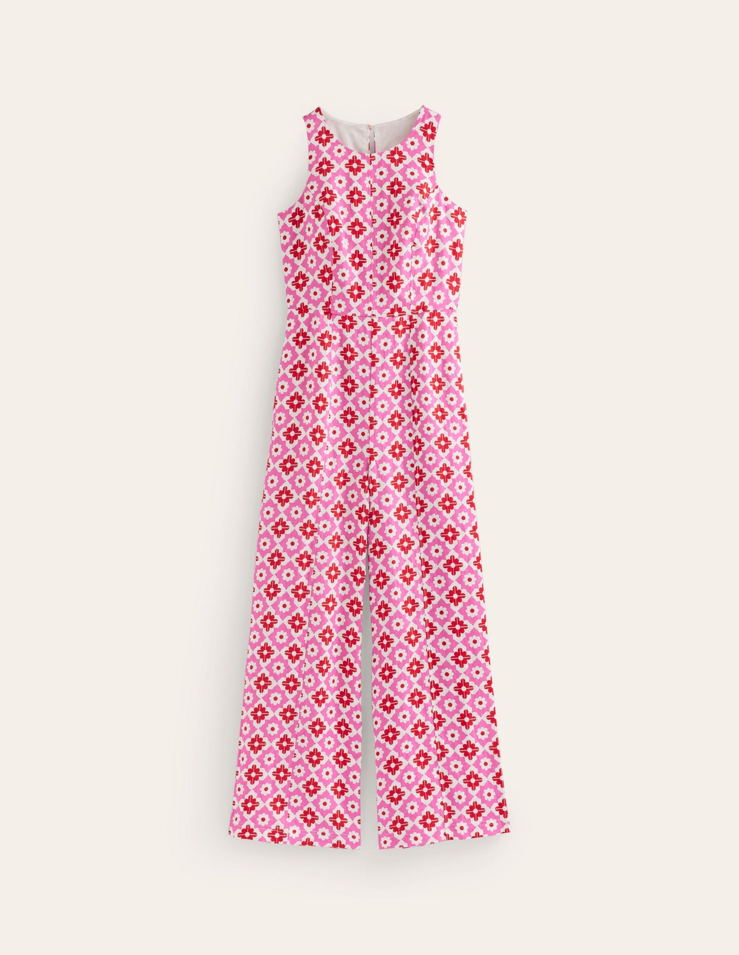 Carla Linen Jumpsuit-Pink Power, Geometric Stamp