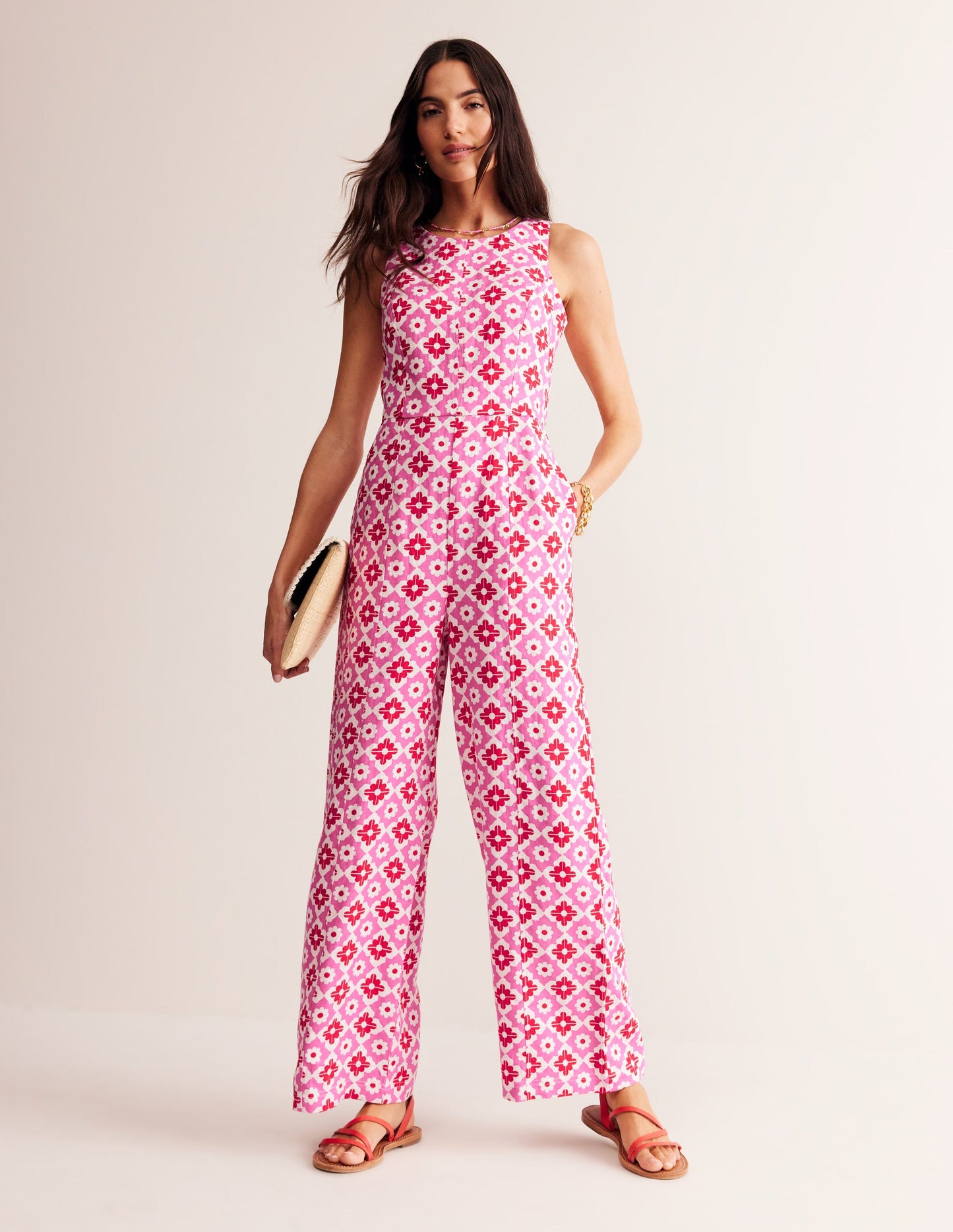 Carla Linen Jumpsuit-Pink Power, Geometric Stamp