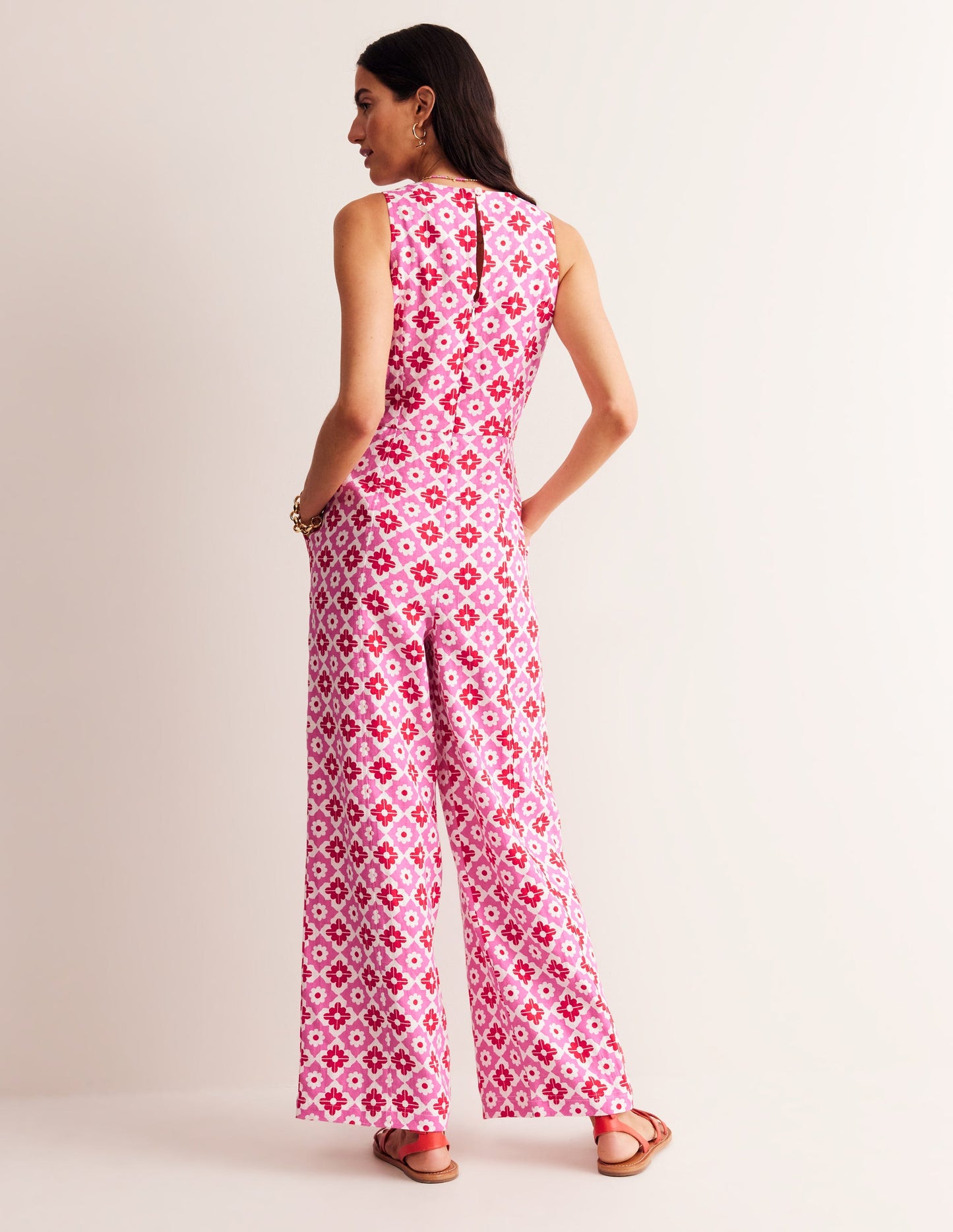 Carla Linen Jumpsuit-Pink Power, Geometric Stamp