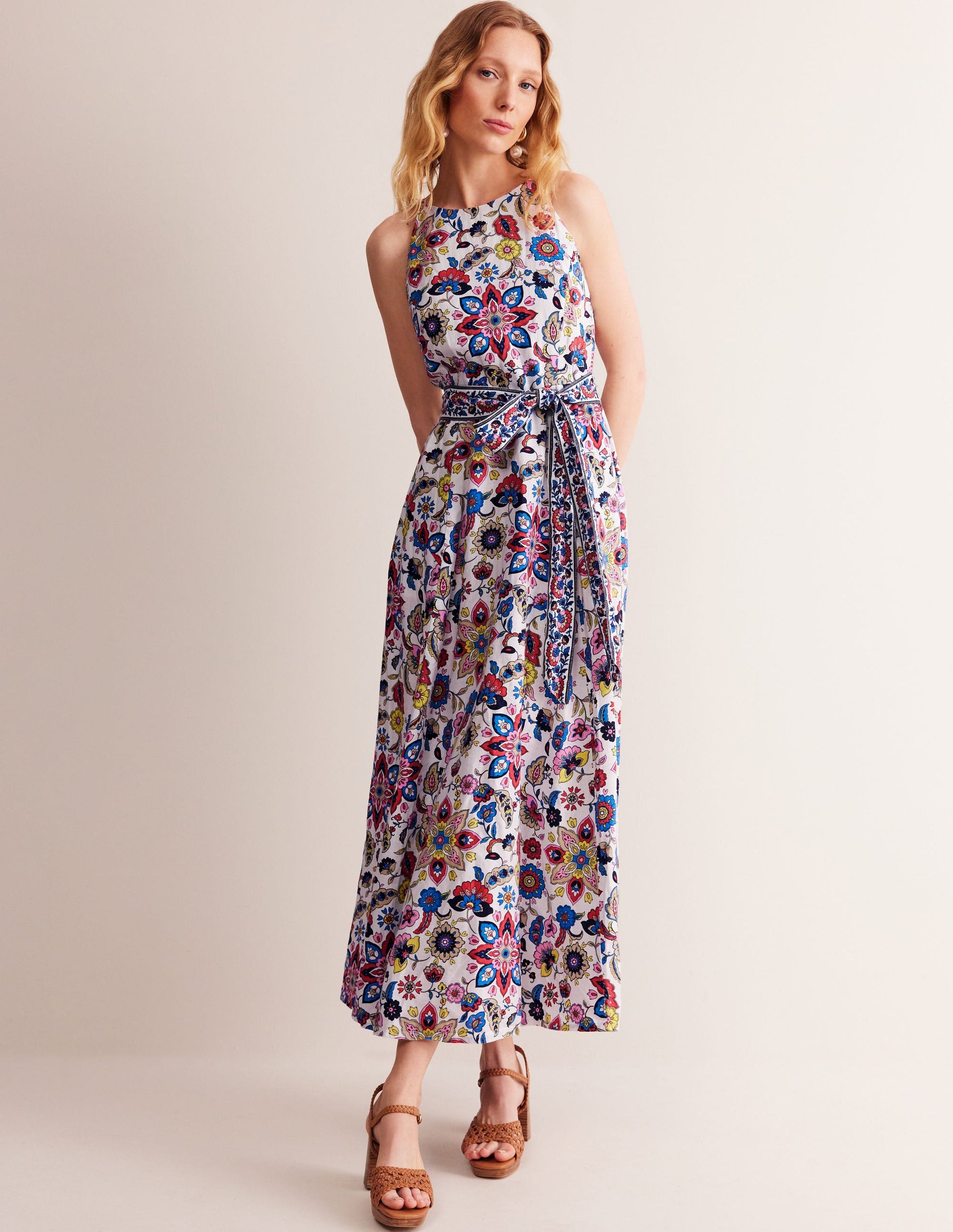 Linen Maxi Halter Dress-Ivory, Botanic Sprig-1