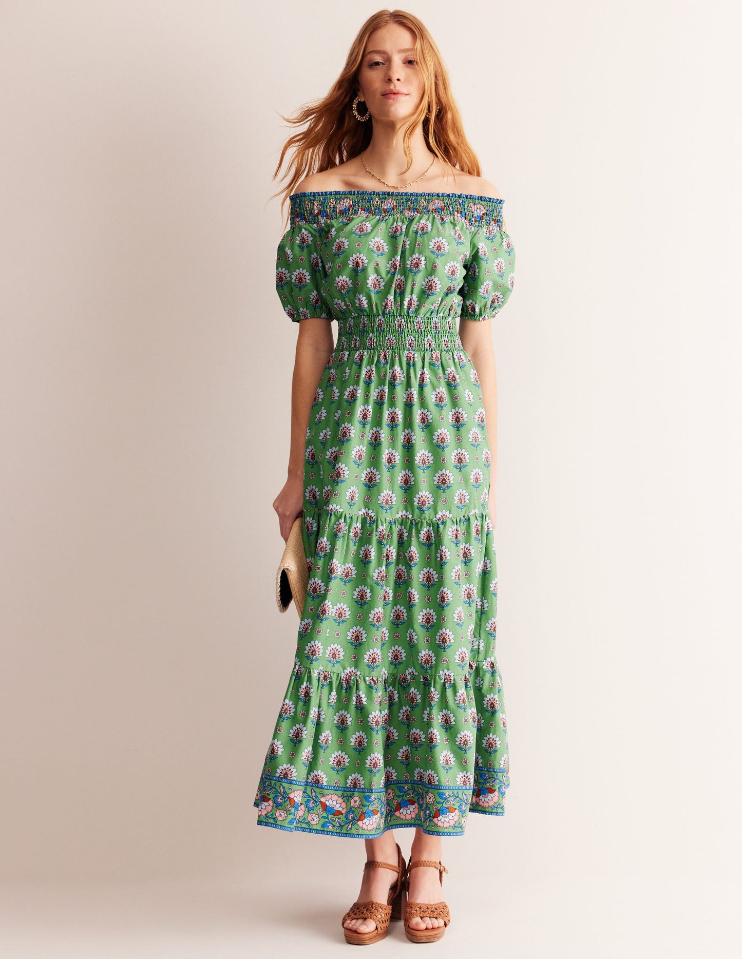 Cotton Midi Smocked Dress-Stone Green, Passion Geo